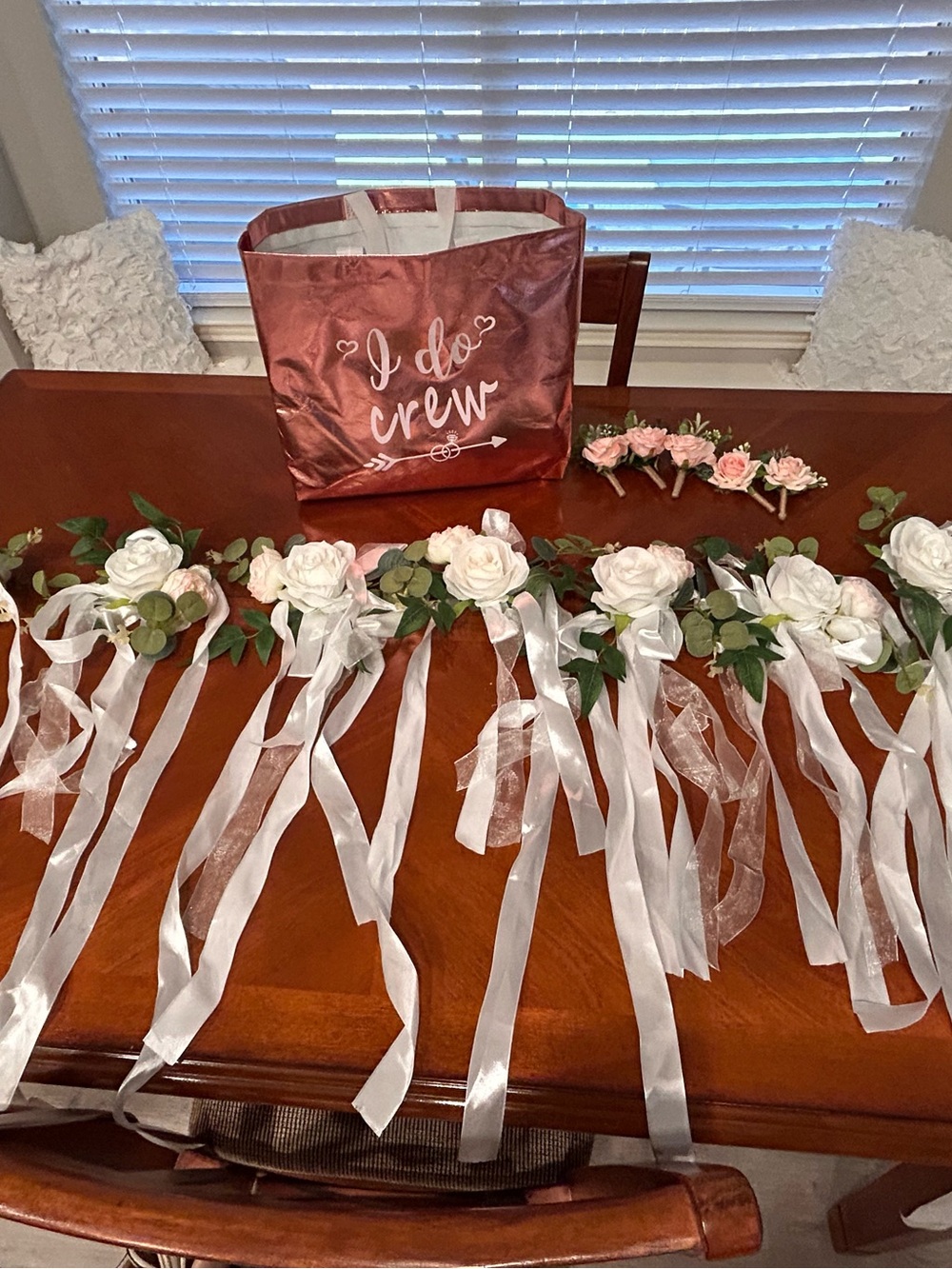 Amazon Rose Gold Tote and White Floral Ribbon chair or pew decor and boutenniers